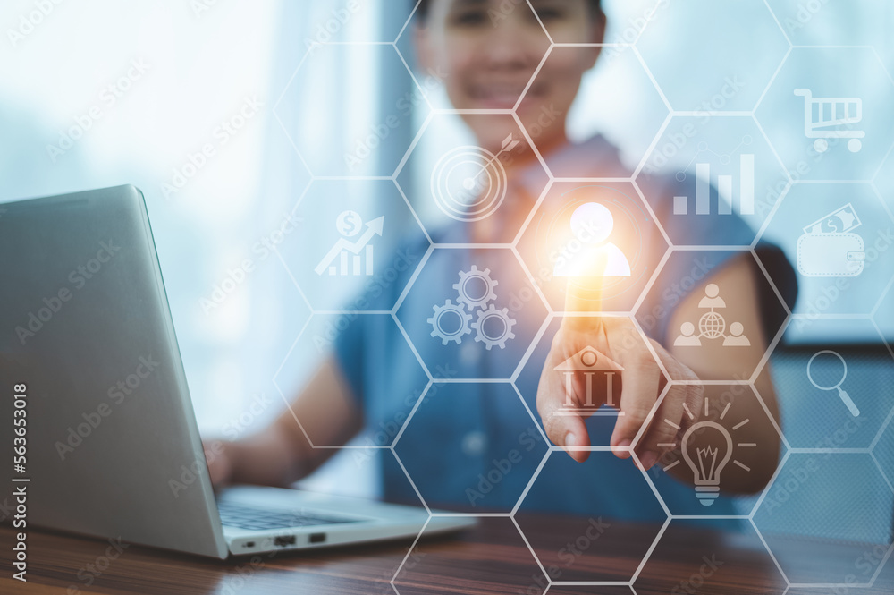 Businesspeople touching on screen to target customer. Target customer