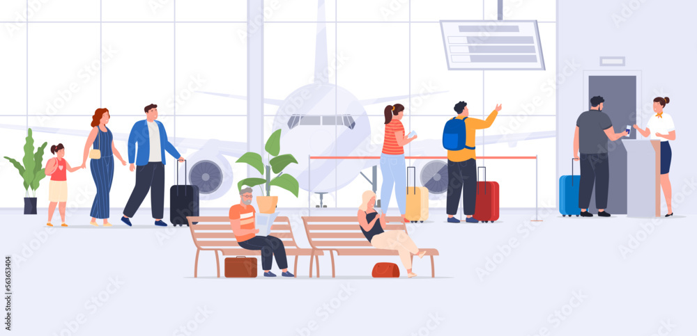 People in the airport terminal are checking in for the plane. Waiting area, baggage reception, document check. Vector illustration