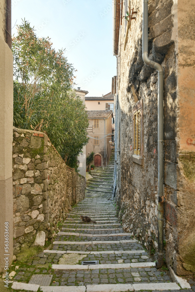 A narrow street in the historic center of Patrica, an old village in Lazio in the province of Frosinone, Italy.