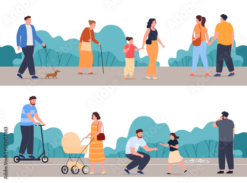 Various people are walking along the footpaths near the park. Walks in the fresh air. Vector illustration
