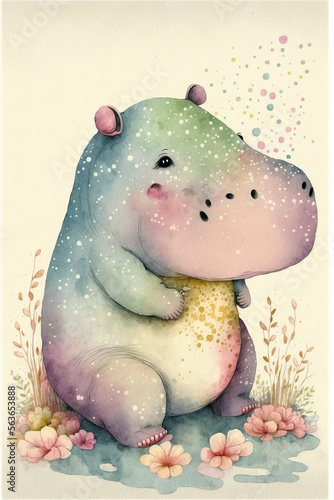 cute hippo cartoon. watercolor design. Generative AI