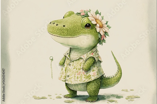 cute crocodile cartoon. watercolor design. Generative AI © pcperle