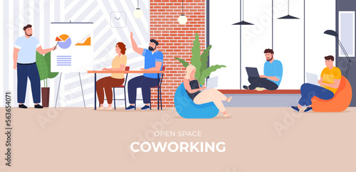 People work together in a coworking center. People communicate, work, exchange experience. Modern workplace. Vector illustration