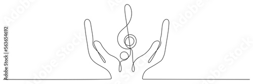 Hand holds music note continuous one line drawing. Treble clef linear element. Vector isolated on white.