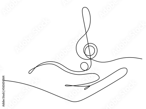 Hand holds music note continuous one line drawing. Treble clef linear element. Vector isolated on white.