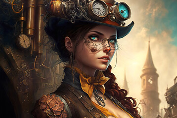 Glasbilder Sammlungen A portrait of an attractive steampunk style woman in the town. Created with Generative AI, no one recognisable. Not a real person.  © rosinka79