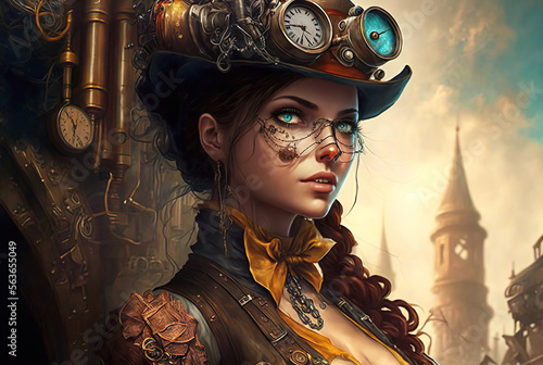A portrait of an attractive steampunk style woman in the town. Created with Generative AI, no one recognisable. Not a real person. photo