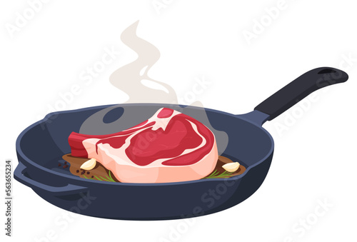 Cooking steak with seasonings on a metal griddle with a non-stick coating. Frying food in a pan. Vector illustration