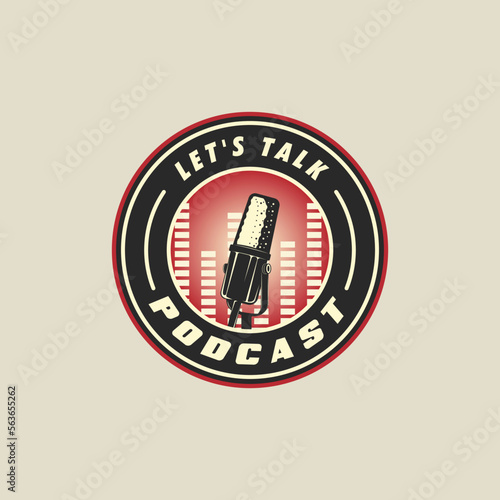 microphone emblem logo vintage vector illustration template icon graphic design. podcast station sign or symbol for broadcast or radio concept with retro circle badge typography style