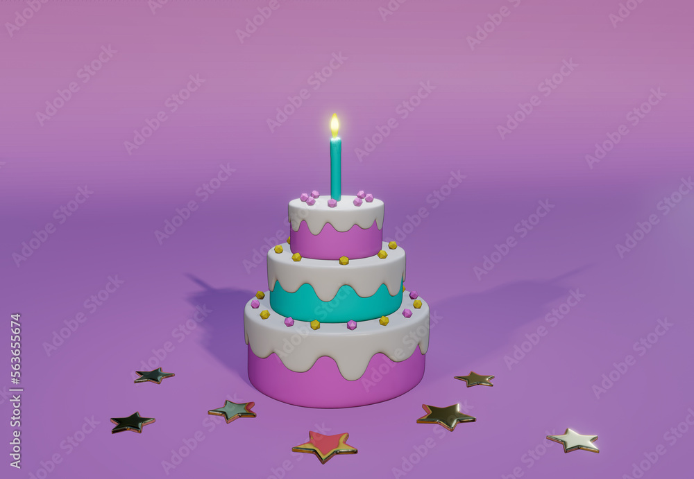 Holiday cake with a candle greeting card 3d illustration Holiday cake with a candle greeting card 3d illustration