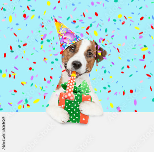 Jack russell terrier puppy wearing a party cap blows into party horn and holds gift box above empty white banner © Ermolaev Alexandr
