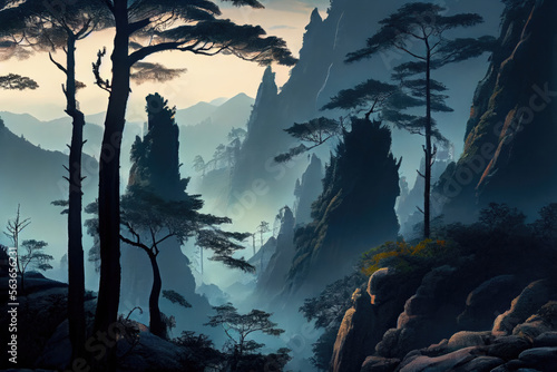 ooking up at the Huangshan Mountain, I can see that the lofty and green mountains, the dense and shadowy pine trees © imlane