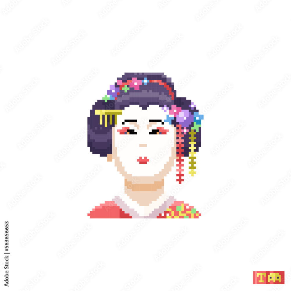 Pixel art japanese geisha. 8 bit Japanese geisha girl icon in retro gamer style. Pixel art woman in traditional kimono for game, print, sticker or cross-stitch. Vector pixel art illustration. Pixel art japanese geisha. 8 bit Japanese geisha girl icon in retro gamer style. Pixel art woman in traditional kimono for game, print, sticker or cross-stitch. Vector pixel art illustration.