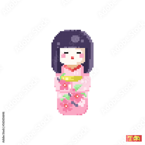 Pixel art japanese kokeshi doll. 8 bit kimono geisha doll icon in retro gamer style. Pixel art cute idol in flower kimono for game, print, sticker or cross-stitch. Vector pixel art illustration.