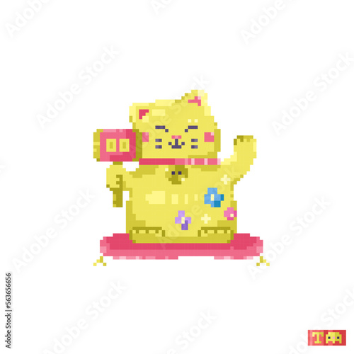 Pixel art lucky cat. 8 bit Maneki Neko in retro gamer style. Cute symbol of wealth traditional Lucky Cat pattern for game, print, sticker or cross-stitch. Golden cat of luck.