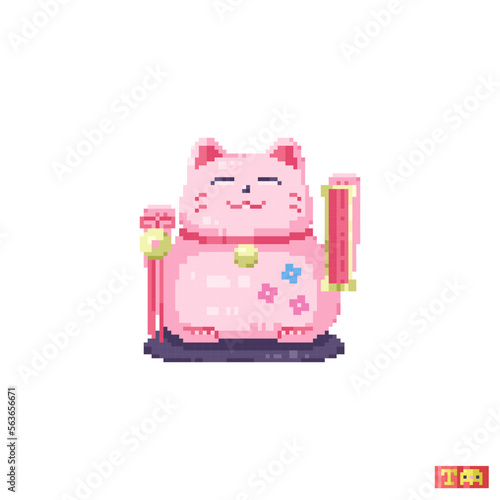 Pixel art lucky cat. 8 bit Maneki Neko in retro gamer style. Cute symbol of wealth traditional Lucky Cat pattern for game, print, sticker or cross-stitch. Fat pink pixel cat with scroll.