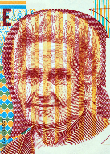 Maria Montessori, Italian educator, portrait on an vintage thousand lire banknote from the Bank of Italy