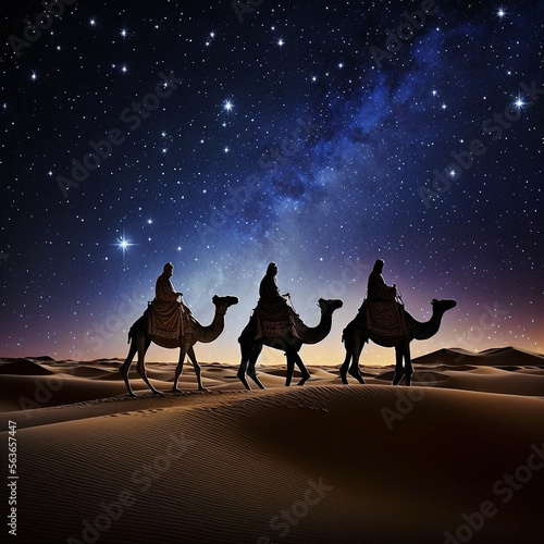 3 kings riding camels in the desert