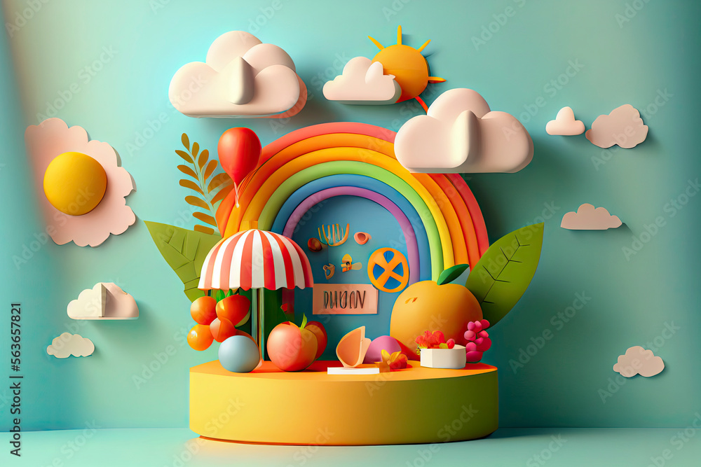Fototapeta premium 3d rendering of Summer vacation concept,colorfull podium display with summer elements