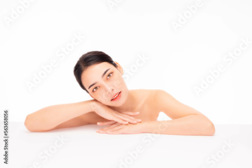 Beautiful Asian Young woman with clean fresh skin on isolated on white background Beauty Face care Facial skin care Cosmetology Beauty and Spa Facial treatment Concept Asian female portrait At Studio 
