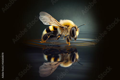 The bee drinks water. Generative Ai photo