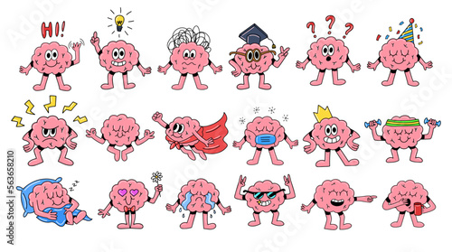 Brain emotion vector cartoon character cute faces set collection human nervous system flat illustration mascot icon design concept mind care