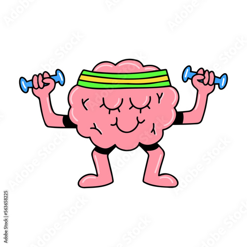 Brain emotion vector cartoon character cute face workout lifting dumbbells sportsman healthy lifestyle sport isolated on white background