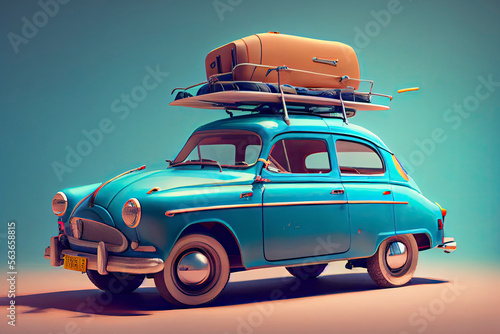 Blue car with luggage on the roof ready for summer vacation