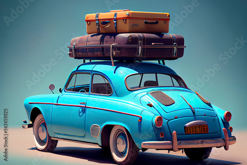 Blue car with luggage on the roof ready for summer vacation