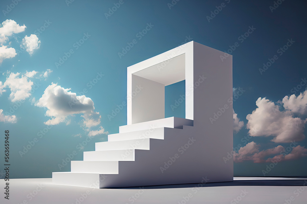 Front view of white podium and stairway with blank space in blue cloudy sky background Front view of white podium and stairway with blank space in blue cloudy sky background