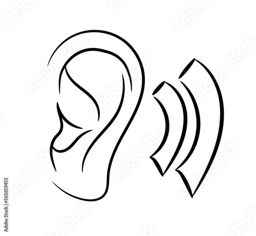 Human ear with sound waves hand drawn outline doodle icon. Human ear as a concept of listening and sound vector sketch illustration for print, web, mobile and infographics isolated on white background