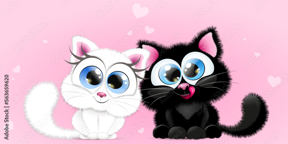 Cute cartoon fluffy black and white cat couple in love