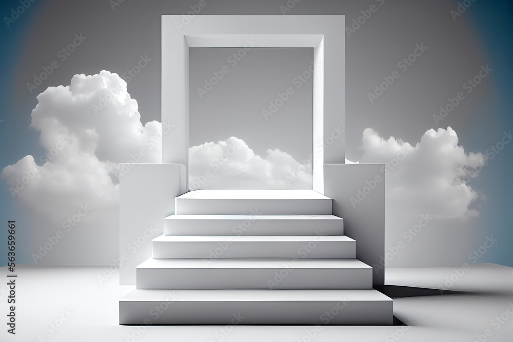 Obraz premium Front view of white podium and stairway with blank space in blue cloudy sky background