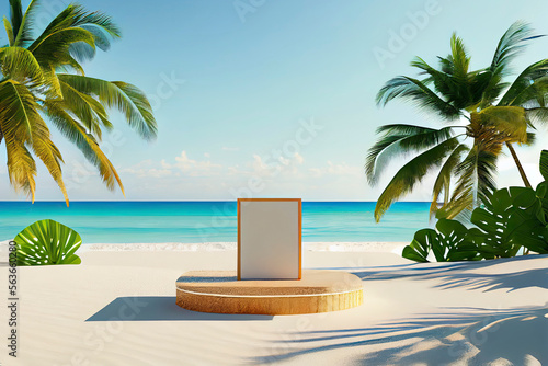 Summer tropical background, Podium on sand beach on sea background