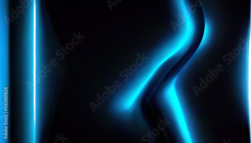 Blur glow neon background. Futuristic radiance. Defocused fluorescent blue white color light curve lines on dark black abstract art illustration with copy space.