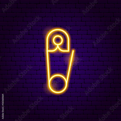 Yellow Sewing Pin Neon Sign. Vector Illustration of Handcrafted Handmade Object. Glowing Art.