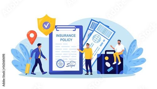 Travel Health Insurance. Life Protection and Security of Property from Damage, Accident. People Traveling with Insurance. Tourist with Luggage, Tickets in Airport. Safe Vacation and Tourism
