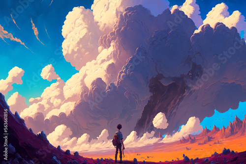 Boy staring at giant clouds. Digital art illustration, AI generated © Cybernet