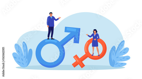 Gender business gap. Businessman and woman standing on gender symbol. Female discrimination. Inequality between men and women wage and career opportunity, salary disparity. Unequal rights