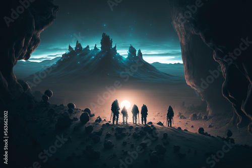 Desert Group of men, night. Digital art illustration, Ai generated