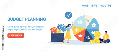 Budget planning. People analyzing personal or corporate budget. Finance accounting and calculation of financial income and expenses. Woman standing near round pie chart with indication of spendings