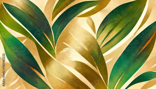 Foliage pattern floral background. Nature ornament. Glowing green gold brown color tropical leaf abstract design on beige painting art illustration.