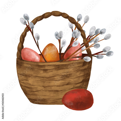 Easter basket with the chicken eggs and willow branch. Isolated illustations on white background photo