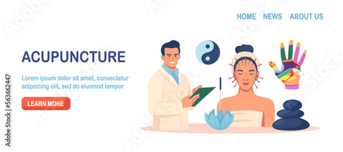 Chinese traditional alternative medicine. Acupuncture, treatment of internal organs. Practitioner therapist, acupuncturist working on female patient. Aromatherapy. Stress relief, healing process