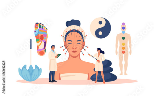 Chinese traditional alternative medicine. Acupuncture, treatment of internal organs. Practitioner therapist, acupuncturist working on female patient. Aromatherapy. Stress relief, healing process