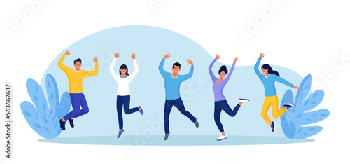 Happy laughing people jumping with raised hands. Cheerful and active students. Group of diverse exciting people. Business people celebrating victory. Happiness emotions