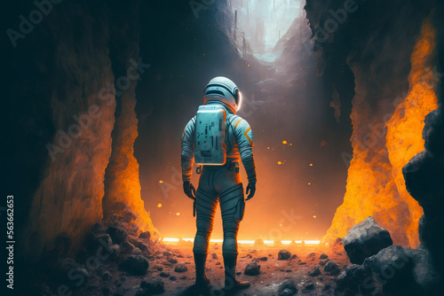 Astronaut standing in a tomb, Digital art, AI generated