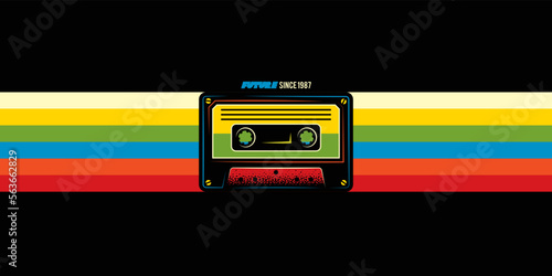 Original vector illustration. An old audio cassette on a retro background. A design element. Print on a T-shirt.