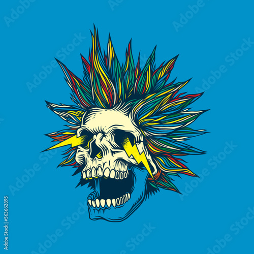 Abstract vector illustration. A crazy skull with a crazy hairstyle with sparks from the eyes. T-shirt design, stickers, print.