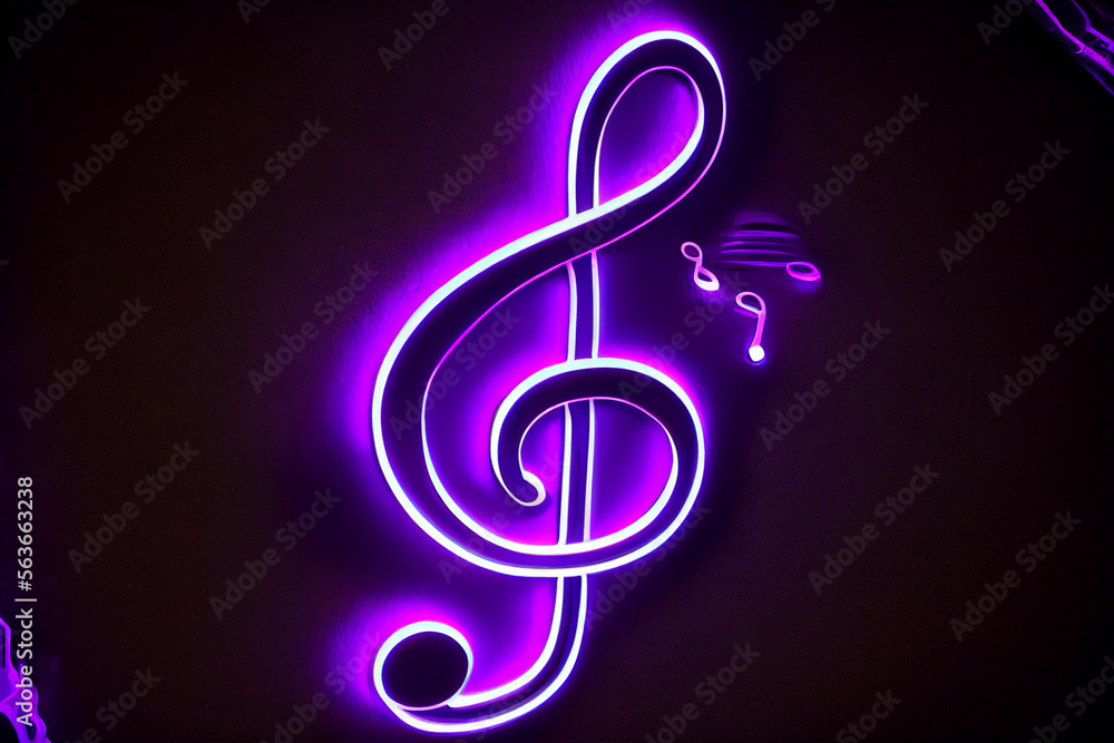 Fototapeta premium Neonfarbener Violinschlüssel als Musik Note auf schwarzen Hintergrund - Generative Ai